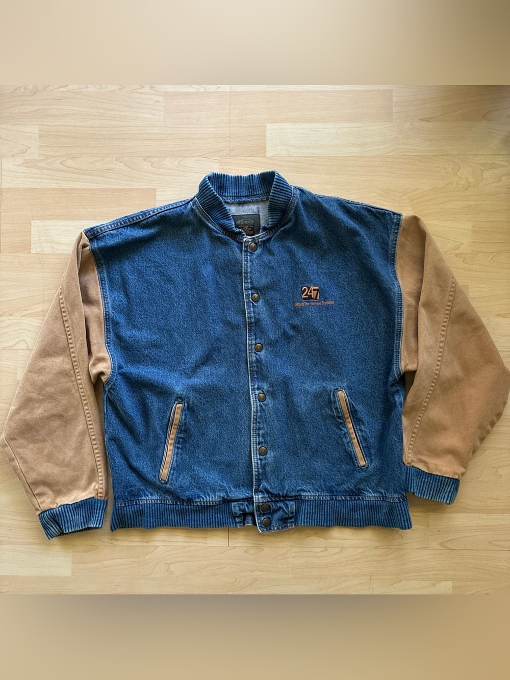 Vintage 90s ID Wear 2 Tone Blue Denim Beige Varsity Jacket Size Large Synergy3